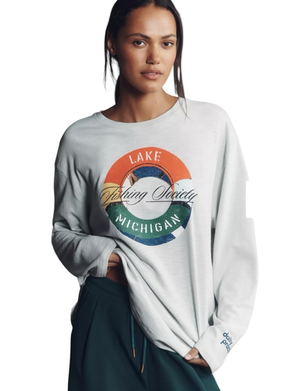 Anthro Daily Practice Lake Michigan Fishing Graphic Tee oversize Long Sleeve NWT